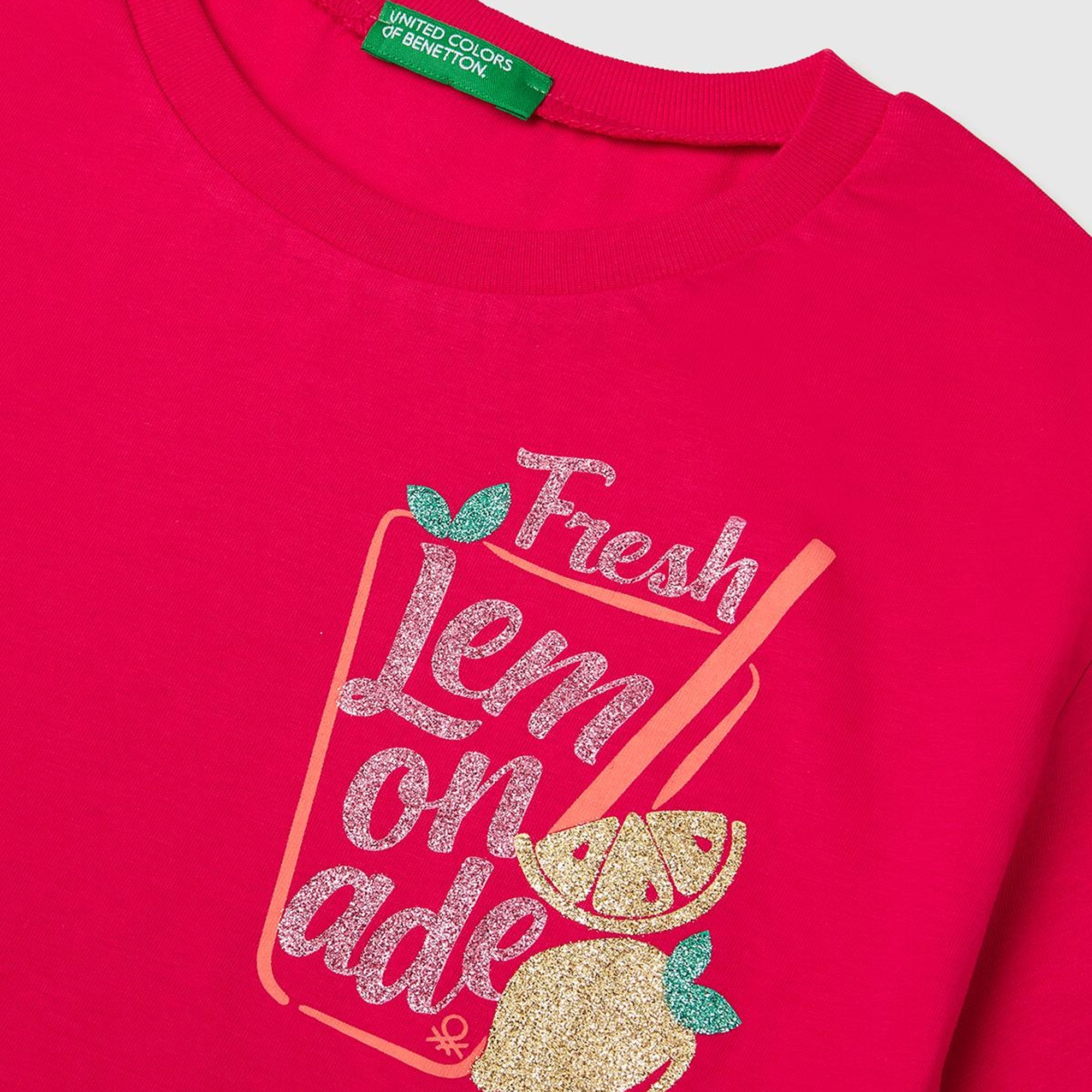 Kız Çocuk Fuşya Parlak Baskılı Bisiklet Yaka T-Shirt