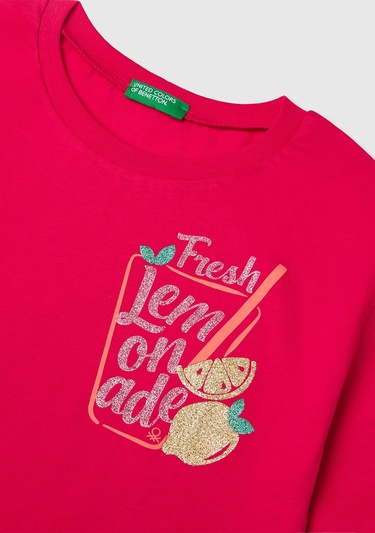  Kız Çocuk Fuşya Parlak Baskılı Bisiklet Yaka T-Shirt