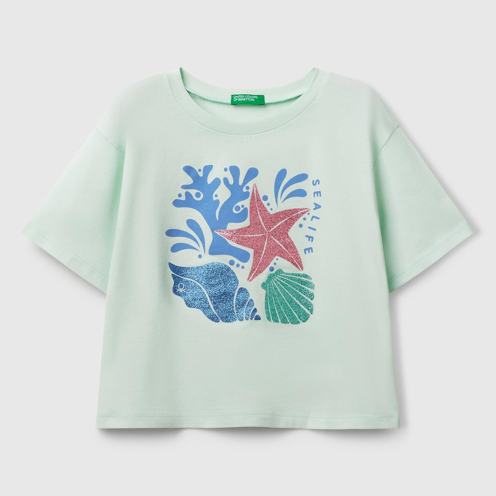 Kız Çocuk Su Yeşili Parlak Baskılı Bisiklet Yaka T-Shirt