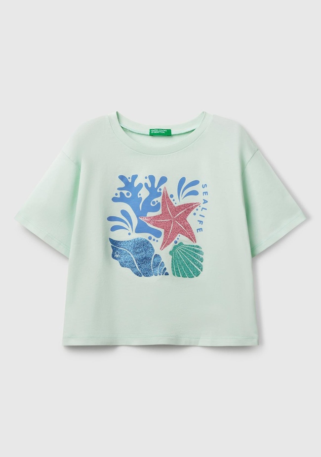  Kız Çocuk Su Yeşili Parlak Baskılı Bisiklet Yaka T-Shirt