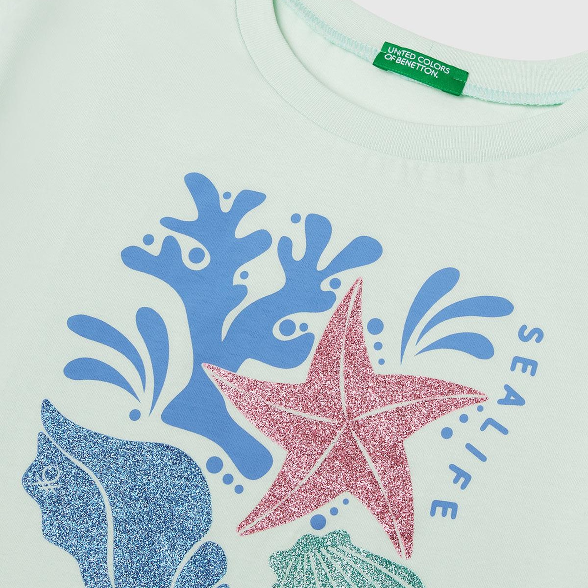 Kız Çocuk Su Yeşili Parlak Baskılı Bisiklet Yaka T-Shirt