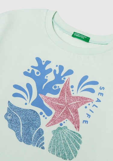  Kız Çocuk Su Yeşili Parlak Baskılı Bisiklet Yaka T-Shirt