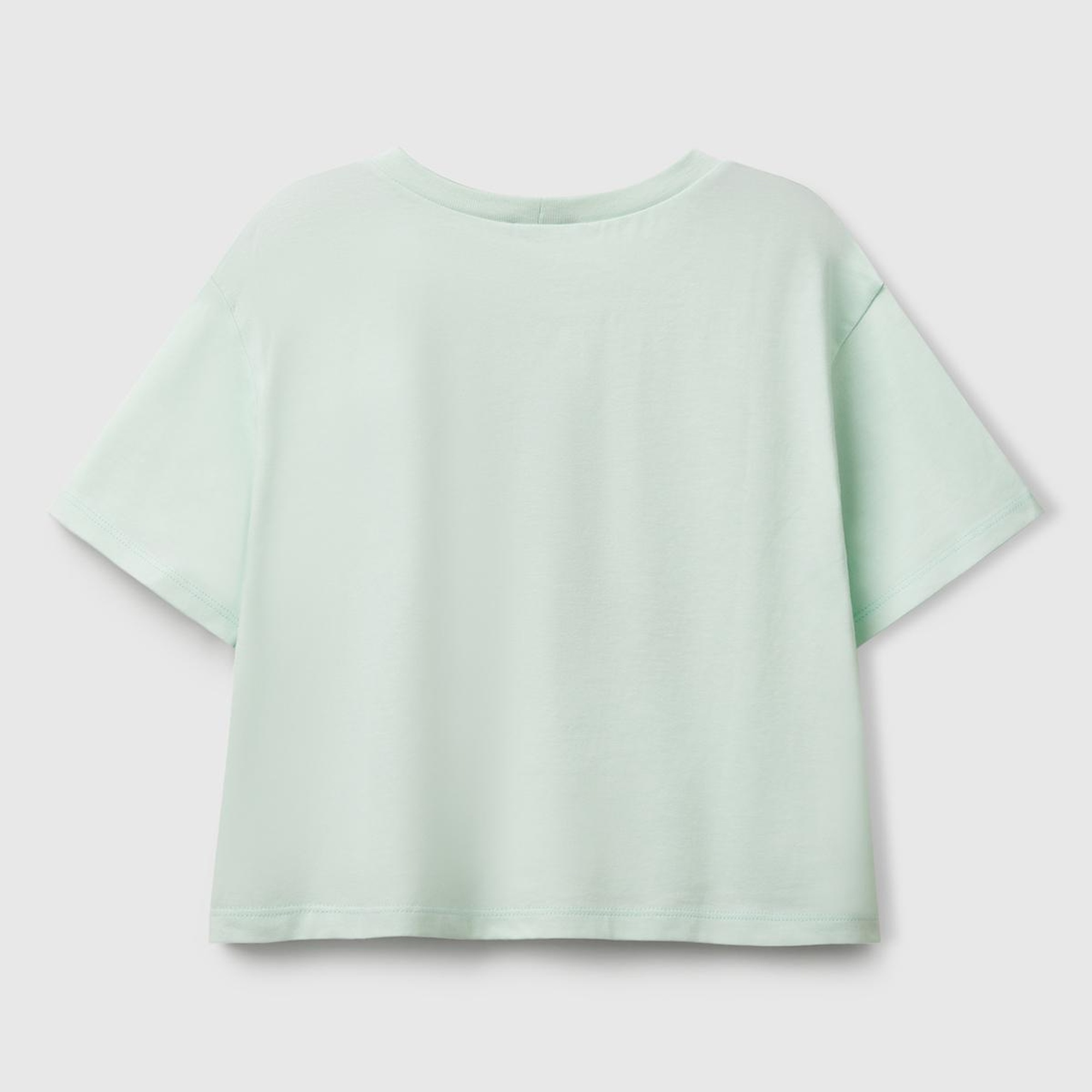 Kız Çocuk Su Yeşili Parlak Baskılı Bisiklet Yaka T-Shirt