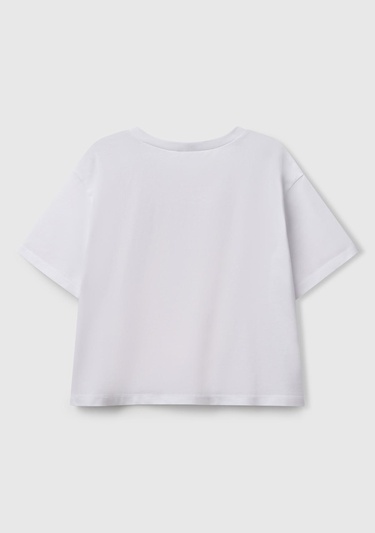  Kız Çocuk Beyaz Parlak Baskılı Bisiklet Yaka T-Shirt