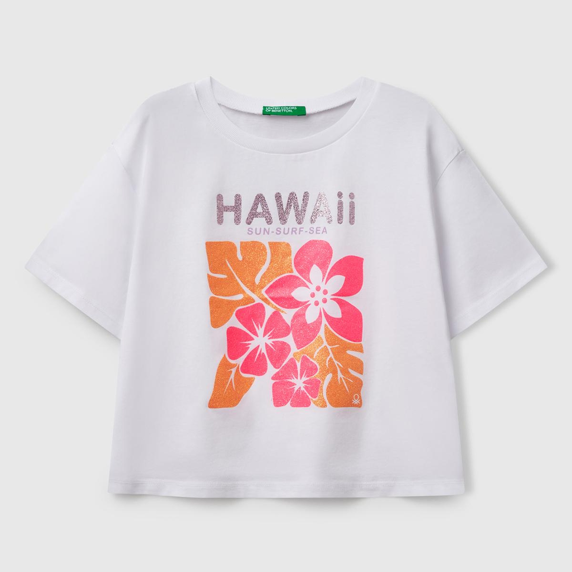 Kız Çocuk Beyaz Parlak Baskılı Bisiklet Yaka T-Shirt