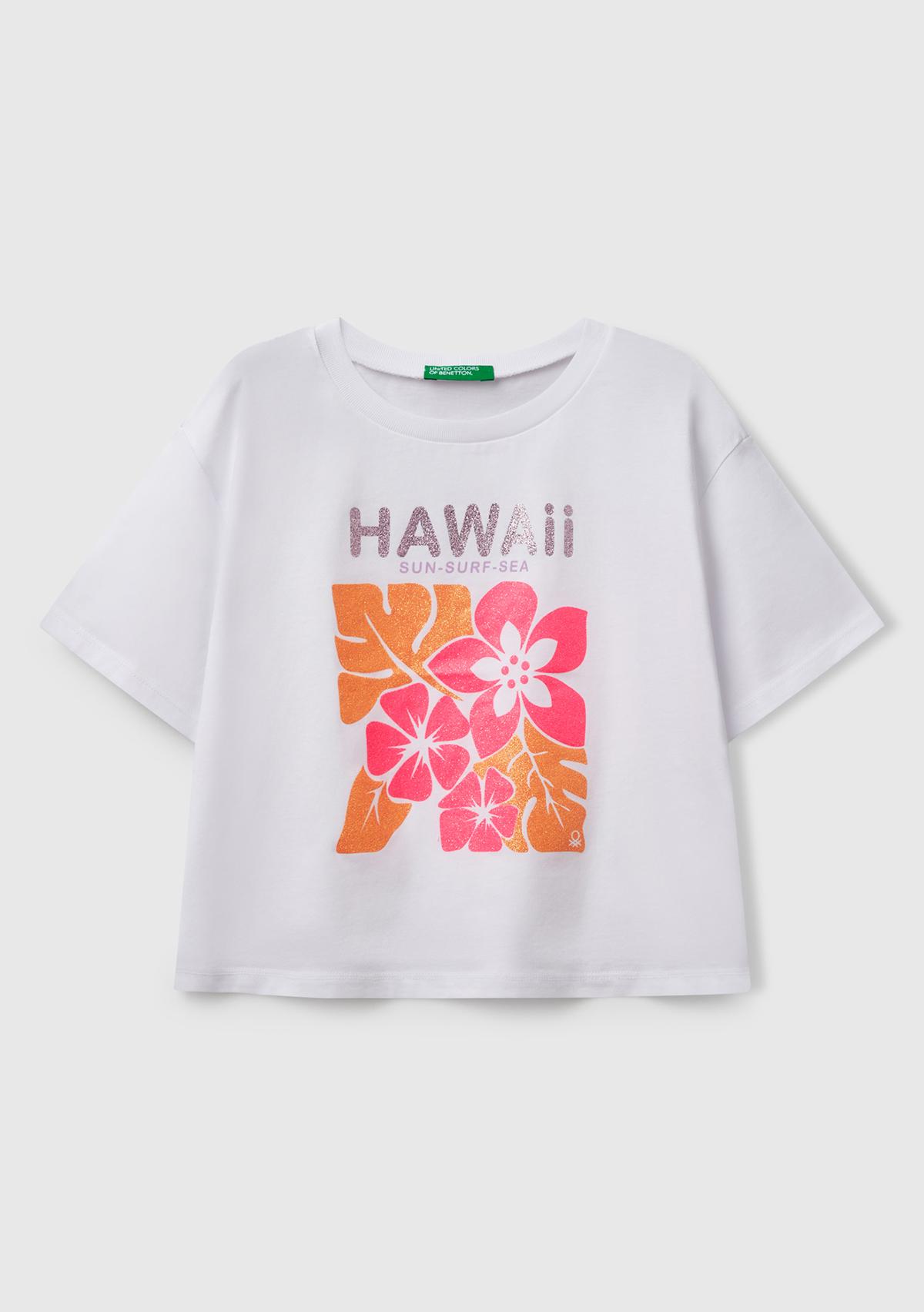  Kız Çocuk Beyaz Parlak Baskılı Bisiklet Yaka T-Shirt