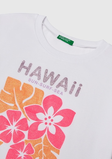  Kız Çocuk Beyaz Parlak Baskılı Bisiklet Yaka T-Shirt