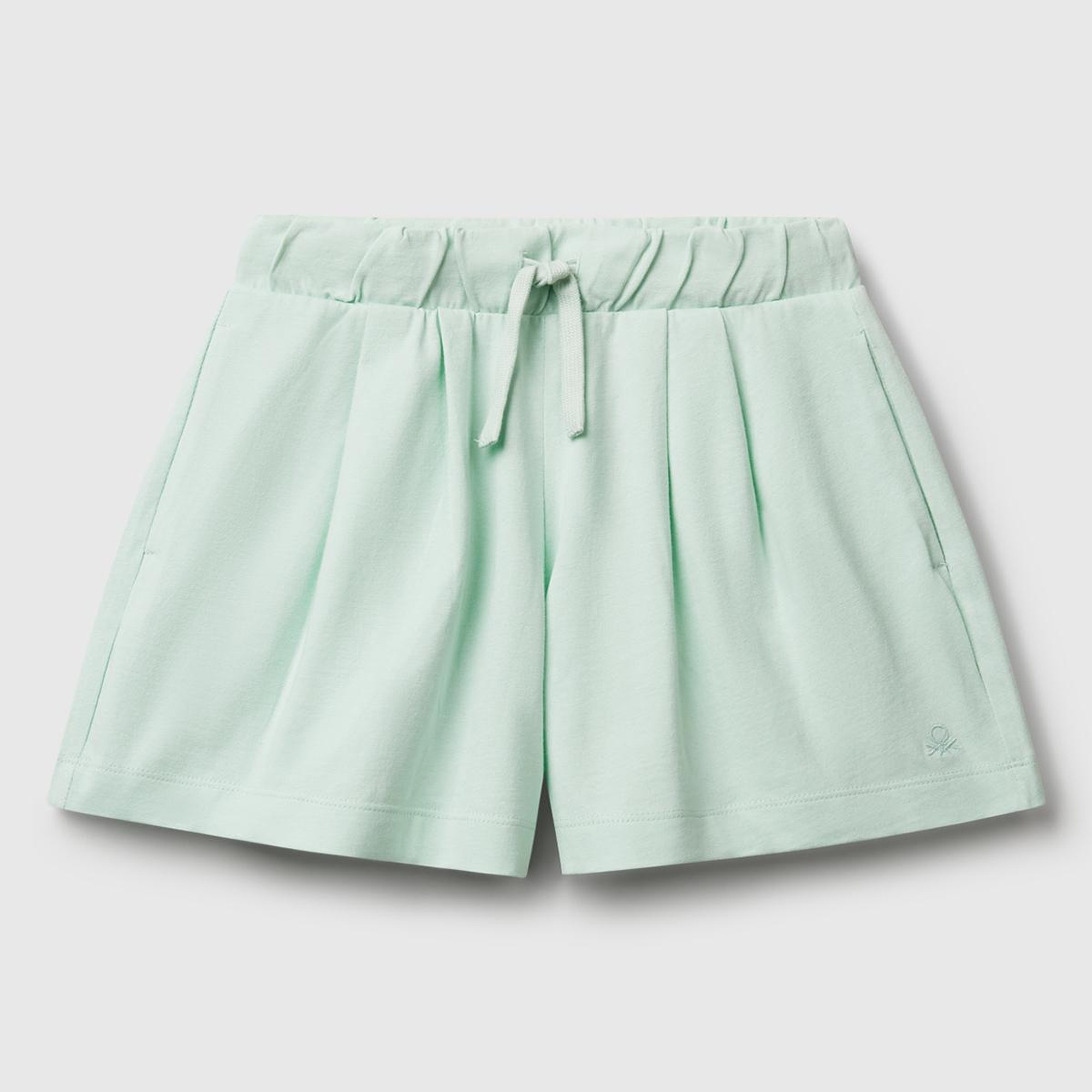 Kız Çocuk Su Yeşili Logo İşlemeli Beli İpli Şort