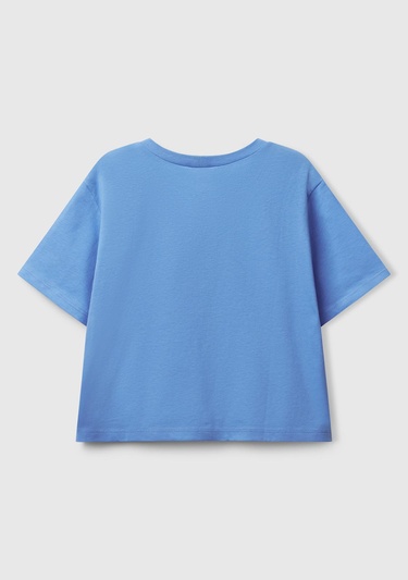  Kız Çocuk Mavi Parlak Baskılı Bisiklet Yaka T-Shirt