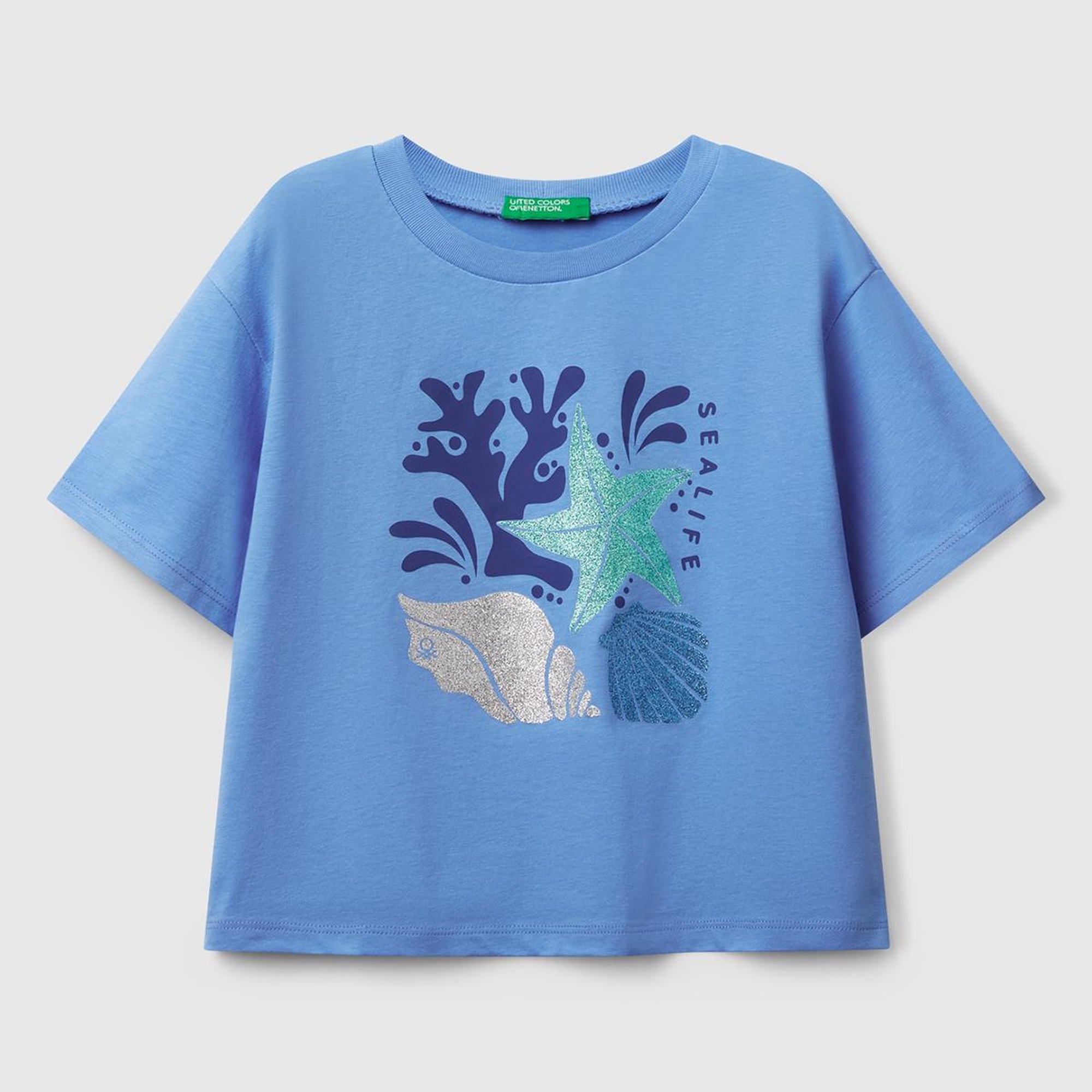 Kız Çocuk Mavi Parlak Baskılı Bisiklet Yaka T-Shirt