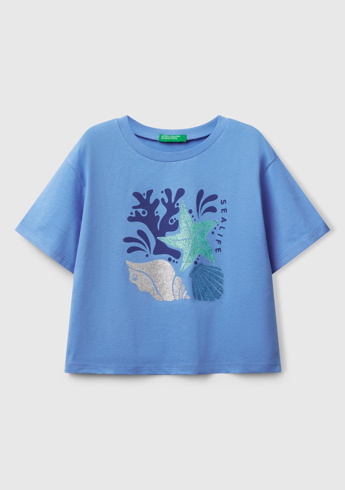  Kız Çocuk Mavi Parlak Baskılı Bisiklet Yaka T-Shirt