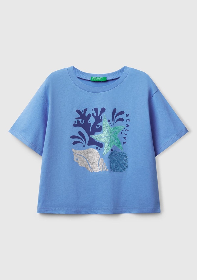  Kız Çocuk Mavi Parlak Baskılı Bisiklet Yaka T-Shirt