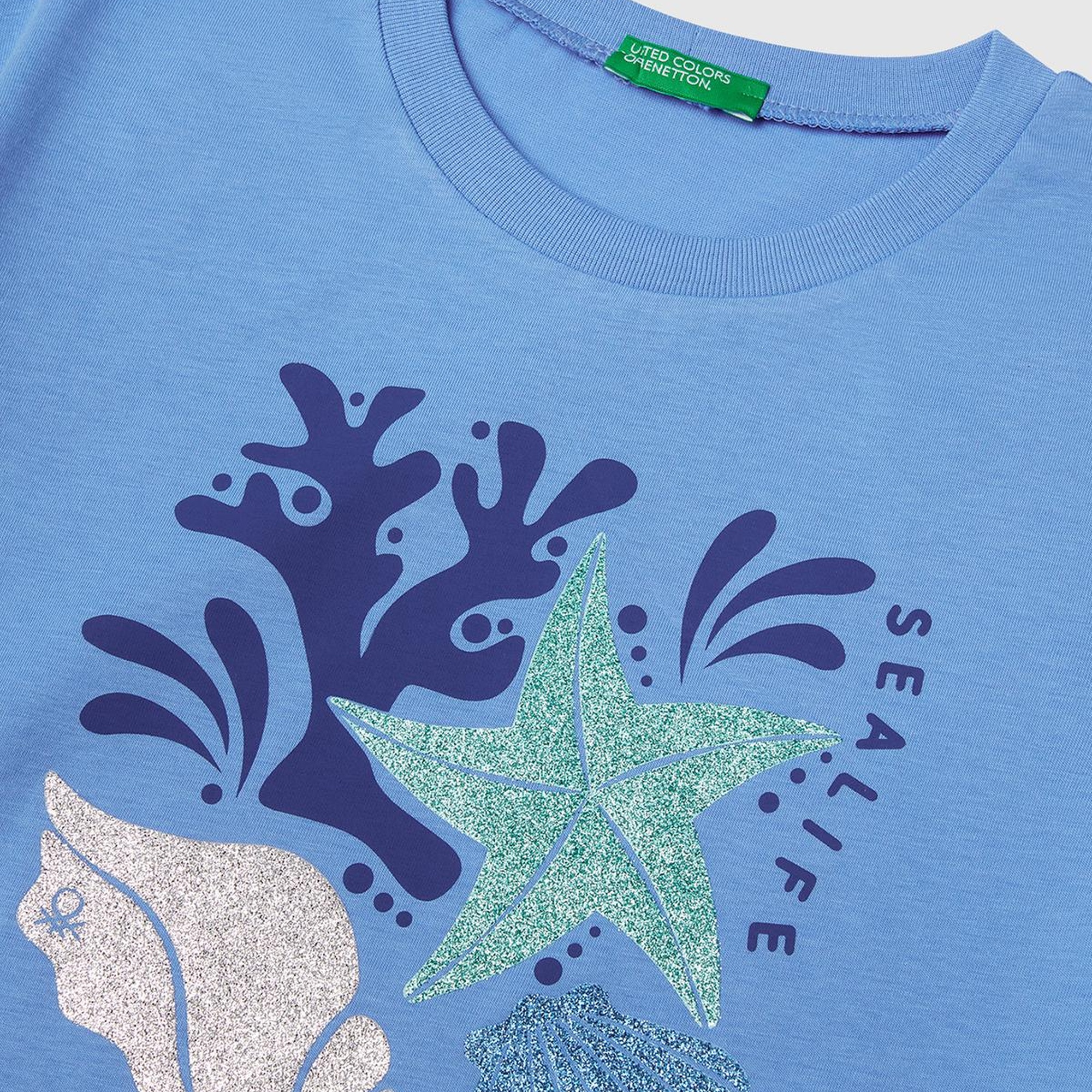 Kız Çocuk Mavi Parlak Baskılı Bisiklet Yaka T-Shirt