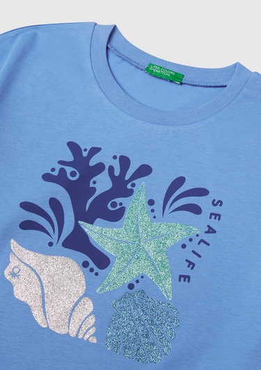  Kız Çocuk Mavi Parlak Baskılı Bisiklet Yaka T-Shirt