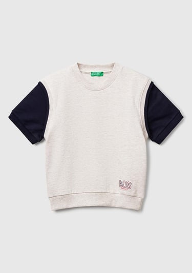  Erkek Çocuk Açık Gri Melanj Logo Baskılı Yelek Efektli Kısa Kollu Sweatshirt