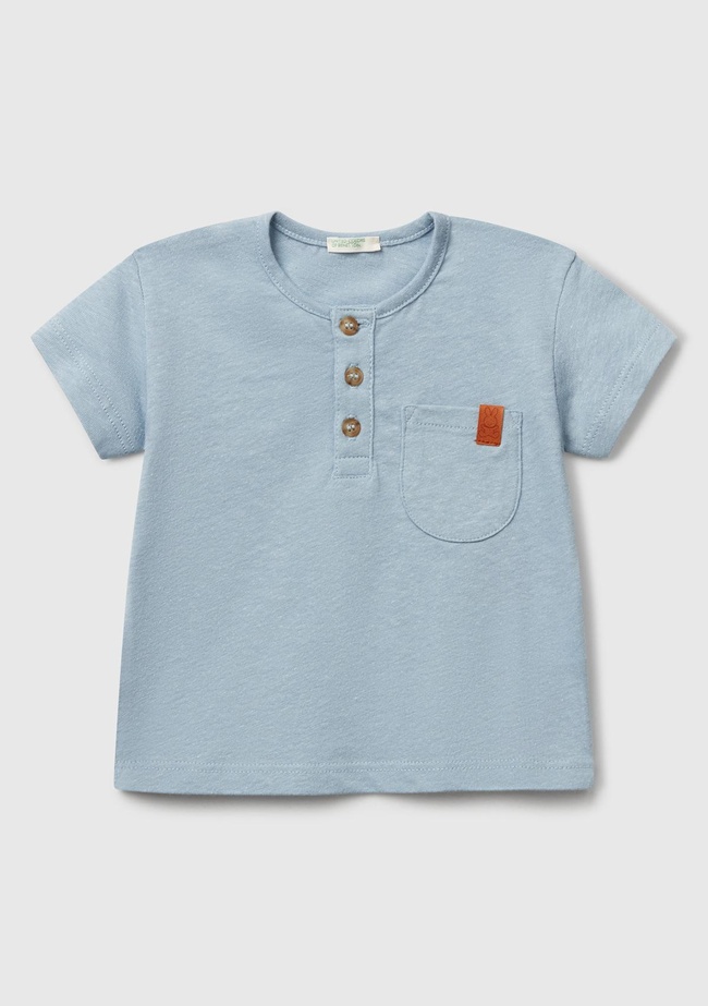  Bebek Mavi Önü Detaylı Logolu Tek Cepli Bisiklet Yaka T-Shirt