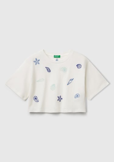  Kız Çocuk Beyaz Baskılı Logo İşleme Detaylı Crop T-Shirt