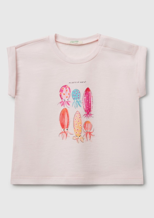  Bebek Toz Pembe Önü Baskılı Manşetli T-Shirt