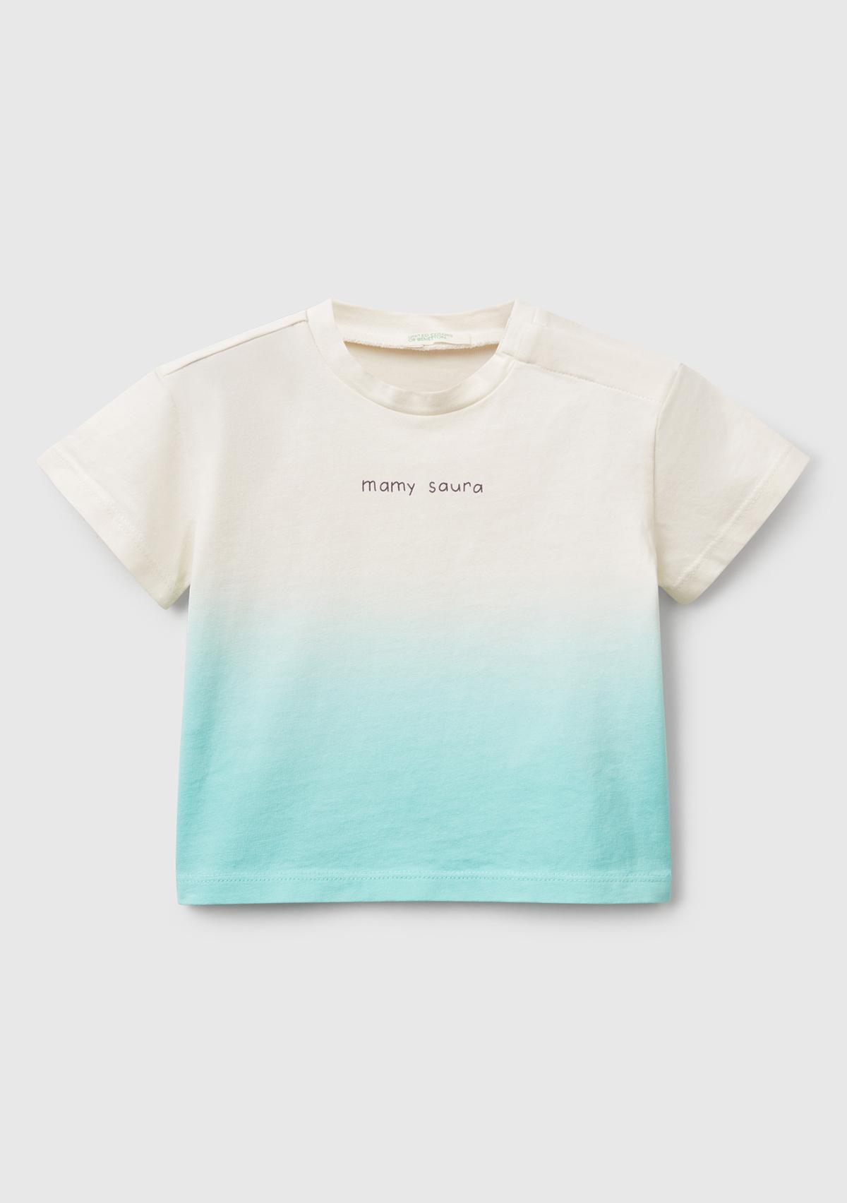  Bebek Turkuaz Renk Geçişli Boya Baskılı Bisiklet Yaka T-Shirt