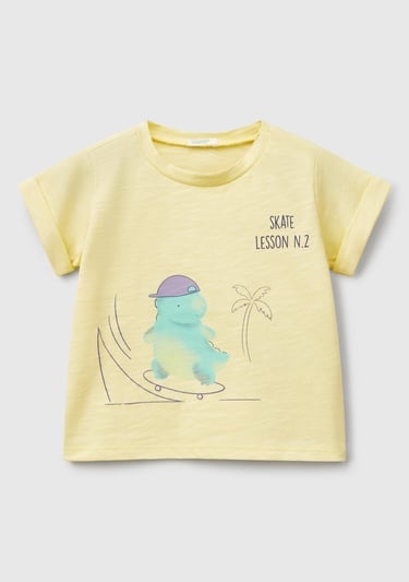  Bebek Sarı Önü Baskılı Omzu Çıtçıtlı Manşet Detaylı T-Shirt