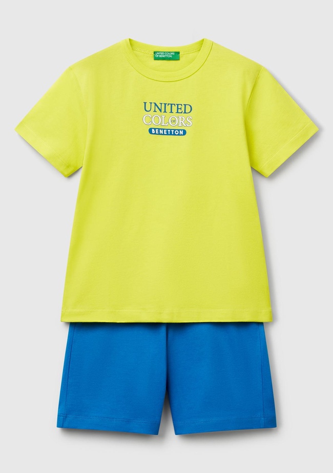  Erkek Çocuk Sarı Önü Logo Baskılı T-Shirt ve Büzgü İpli Bermuda Şort Takım