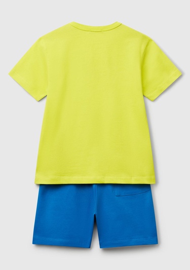  Erkek Çocuk Sarı Önü Logo Baskılı T-Shirt ve Büzgü İpli Bermuda Şort Takım