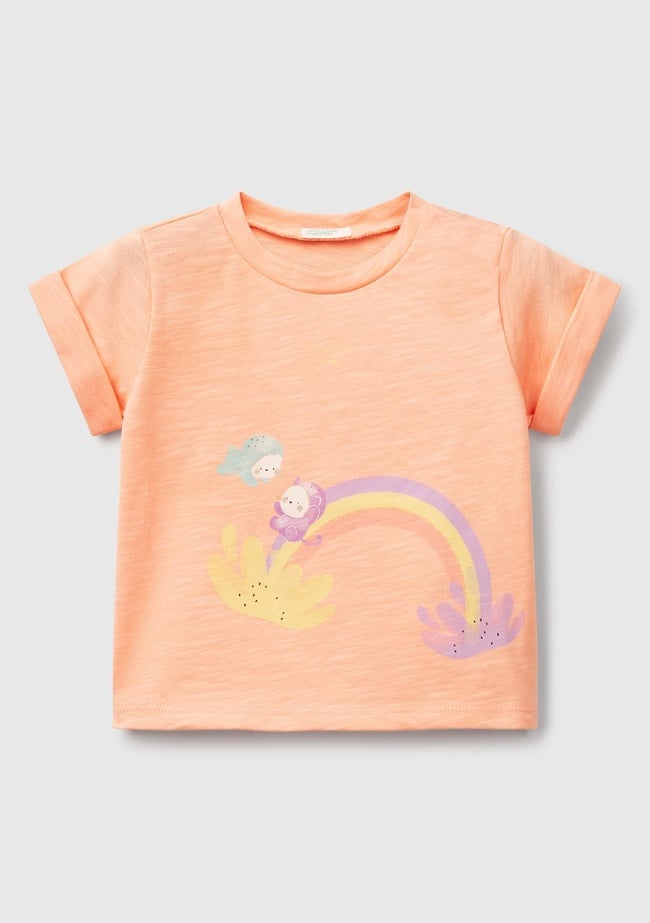  Bebek Yavruağzı Önü Baskılı Omzu Çıtçıtlı Manşet Detaylı T-Shirt