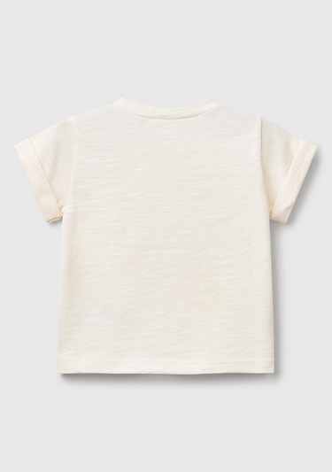  Bebek Ekru Önü Baskılı Omzu Çıtçıtlı Manşet Detaylı T-Shirt