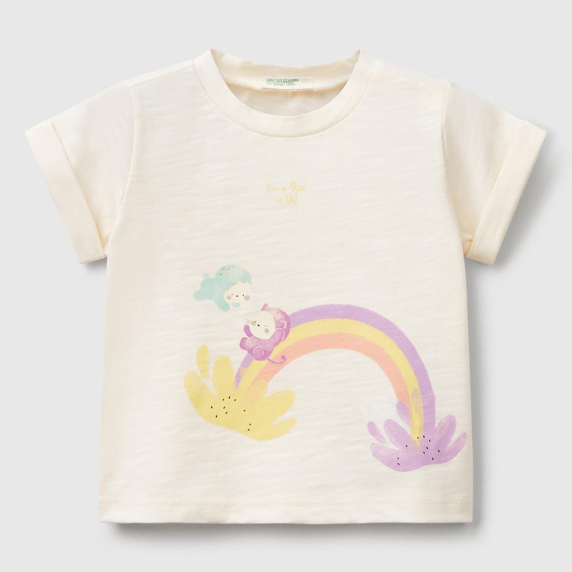 Bebek Ekru Önü Baskılı Omzu Çıtçıtlı Manşet Detaylı T-Shirt