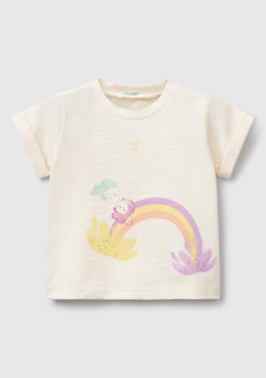  Bebek Ekru Önü Baskılı Omzu Çıtçıtlı Manşet Detaylı T-Shirt