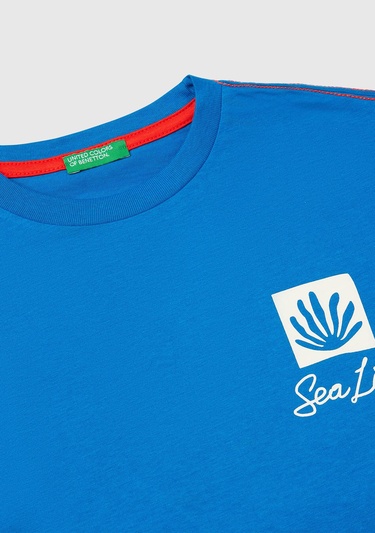  Erkek Çocuk Saks Mavi Slogan Baskılı Oversize T-Shirt