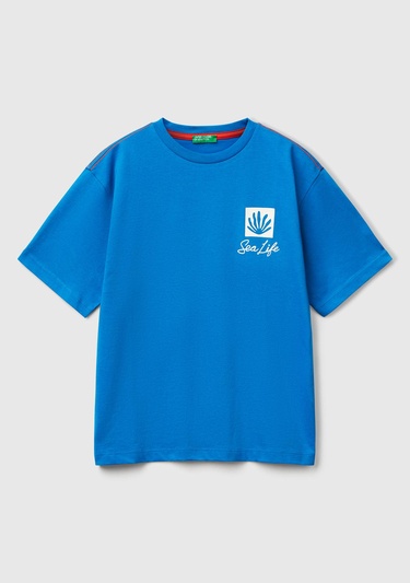  Erkek Çocuk Saks Mavi Slogan Baskılı Oversize T-Shirt