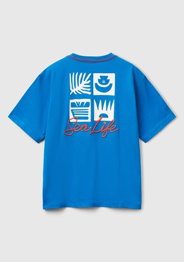  Erkek Çocuk Saks Mavi Slogan Baskılı Oversize T-Shirt