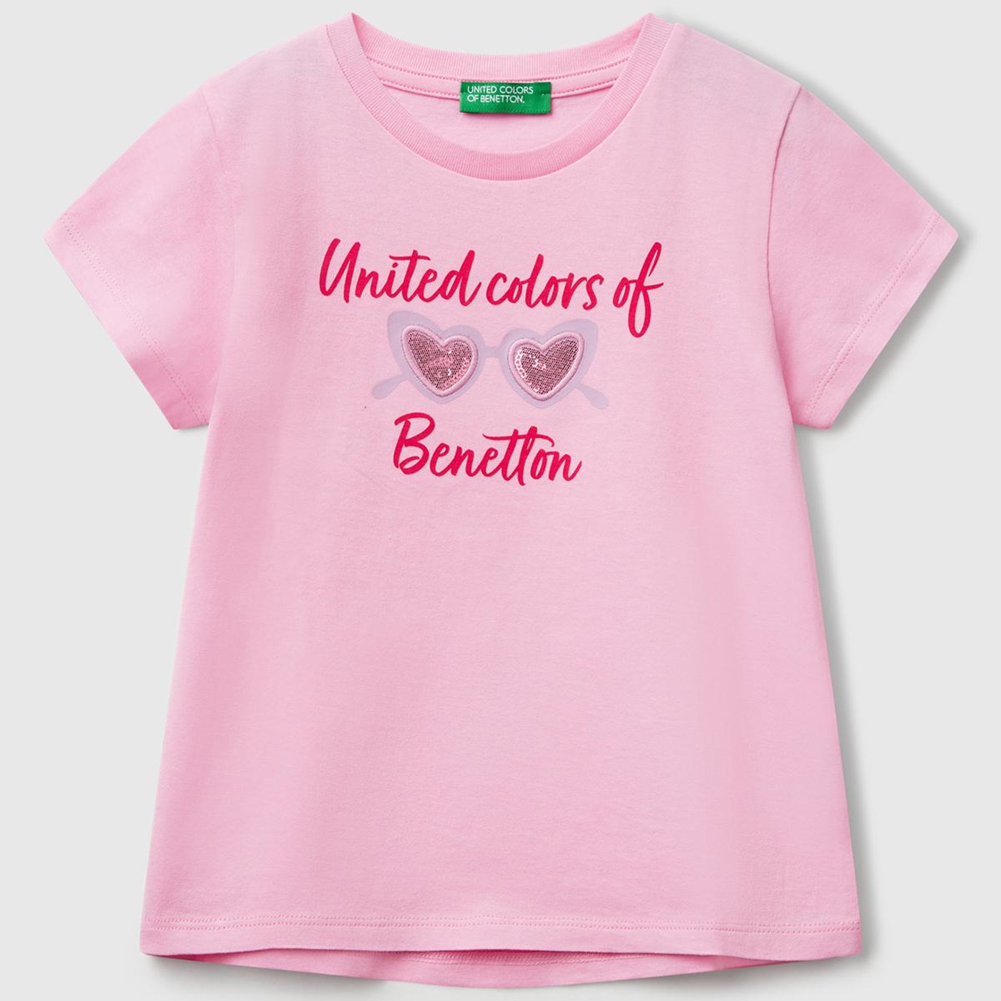 Kız Çocuk Pembe Simli Benetton Logo Baskılı T-Shirt