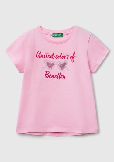  Kız Çocuk Pembe Simli Benetton Logo Baskılı T-Shirt