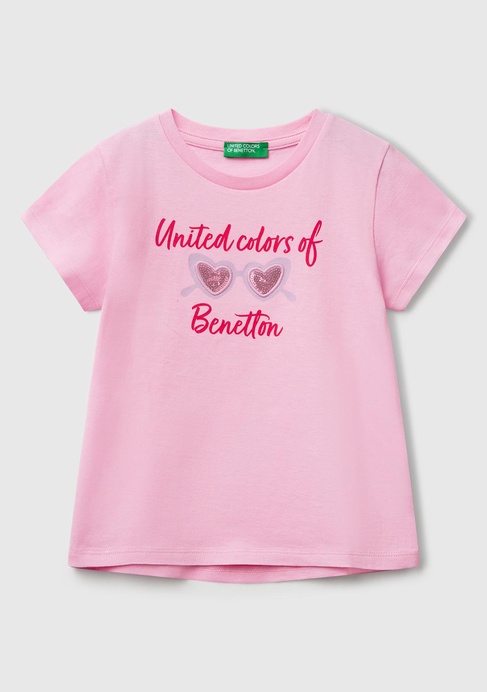  Kız Çocuk Pembe Simli Benetton Logo Baskılı T-Shirt