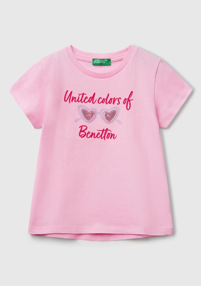  Kız Çocuk Pembe Simli Benetton Logo Baskılı T-Shirt