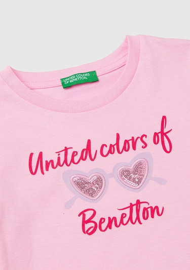  Kız Çocuk Pembe Simli Benetton Logo Baskılı T-Shirt