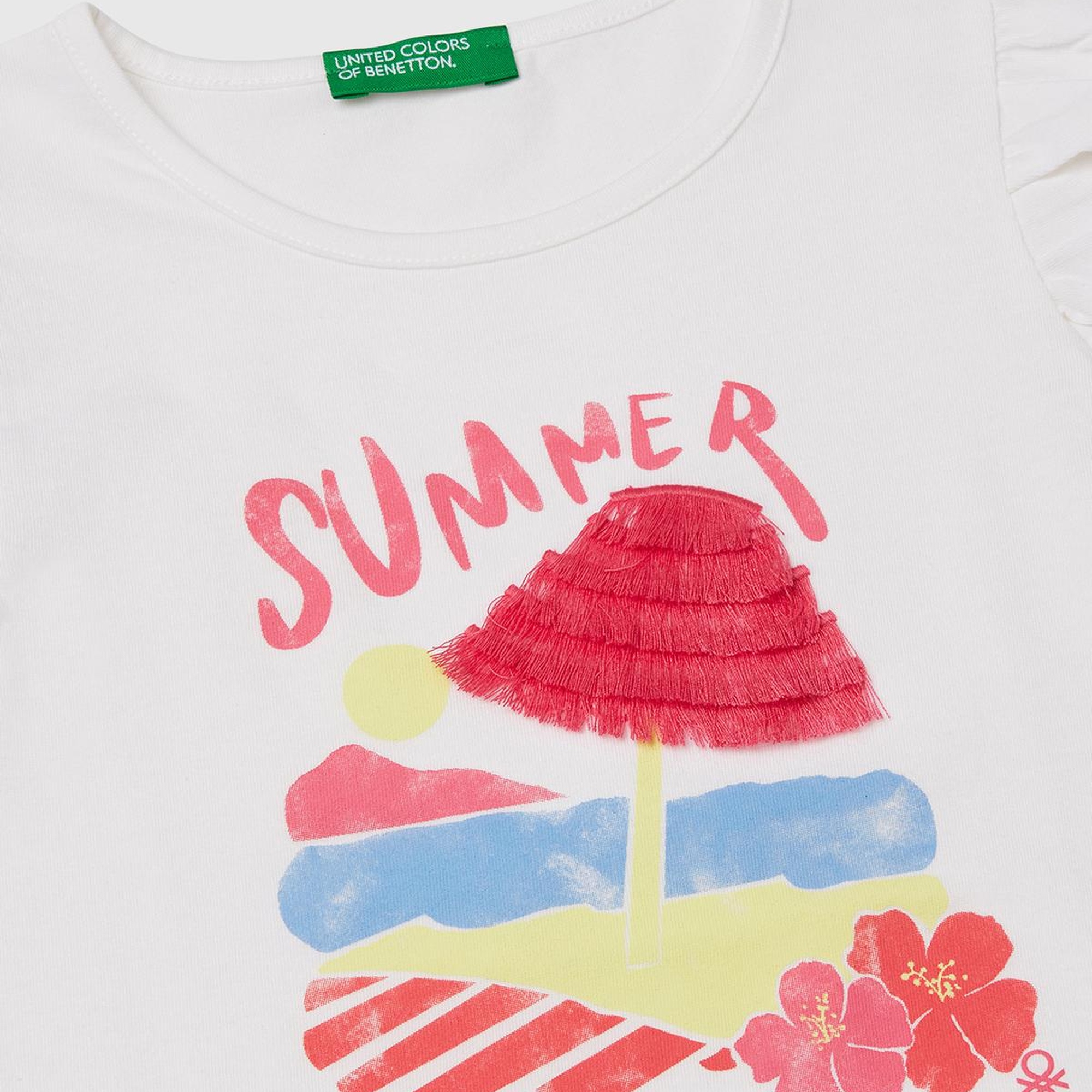 Kız Çocuk Beyaz Mix Önü Baskılı Pile Kollu T-Shirt