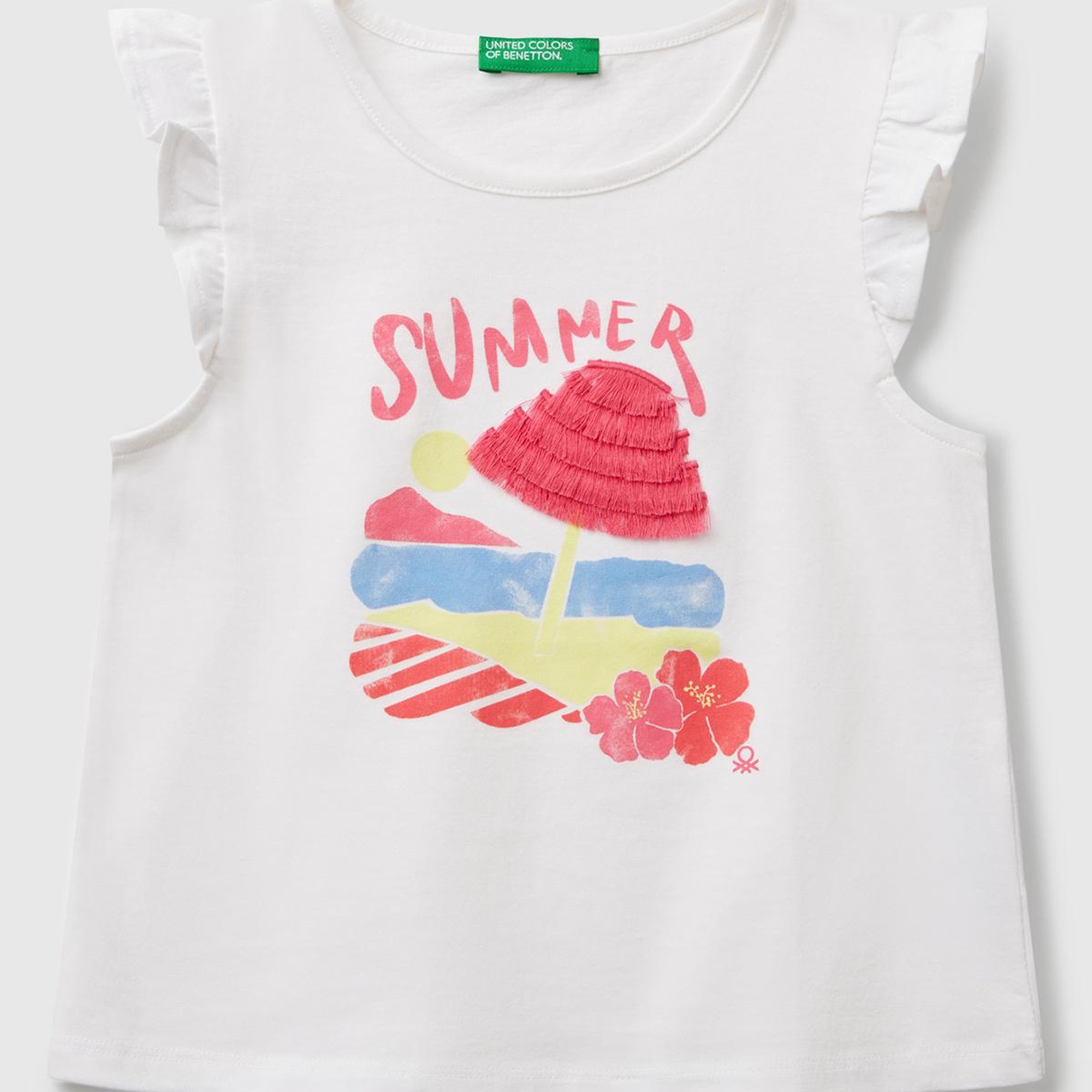 Kız Çocuk Beyaz Mix Önü Baskılı Pile Kollu T-Shirt