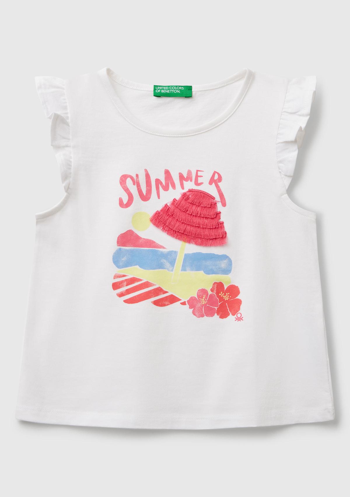  Kız Çocuk Beyaz Mix Önü Baskılı Pile Kollu T-Shirt