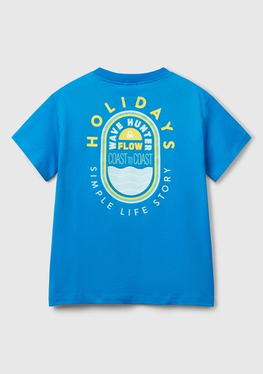  Erkek Çocuk Saks Mavi Slogan Baskılı T-Shirt