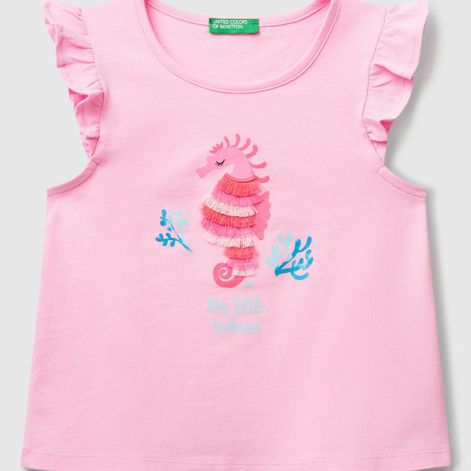 Kız Çocuk Pembe Önü Baskılı Pile Kollu T-Shirt