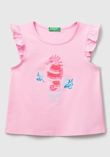  Kız Çocuk Pembe Önü Baskılı Pile Kollu T-Shirt