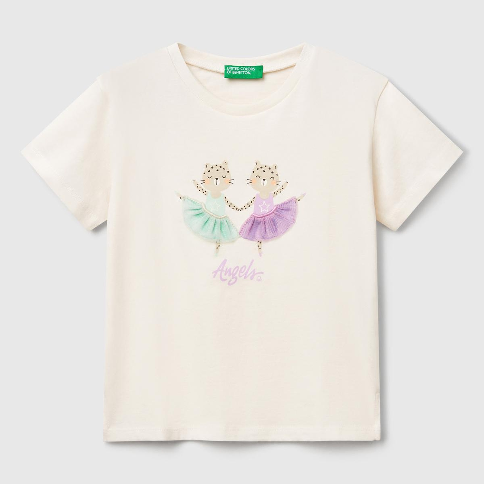 Kız Çocuk Ekru Önü Baskılı Tül Aplikli Yırtmaçlı T-Shirt