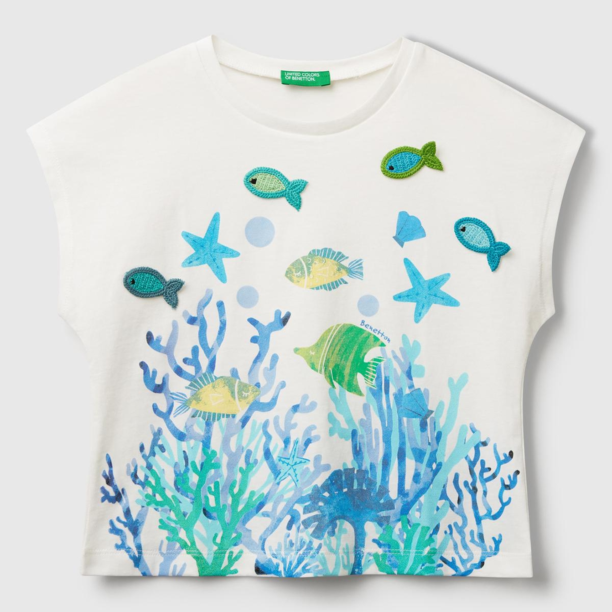 Kız Çocuk Beyaz Kroşe Detaylı Kimono Kollu T-Shirt