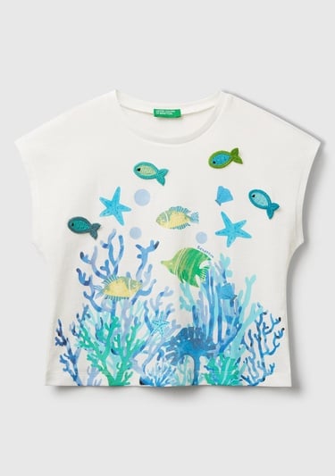  Kız Çocuk Beyaz Kroşe Detaylı Kimono Kollu T-Shirt