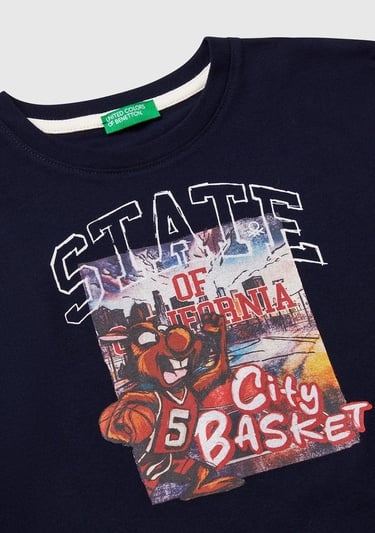  Erkek Çocuk Lacivert Fotoğraf Baskılı Kolu Çizgili Oversize T-Shirt