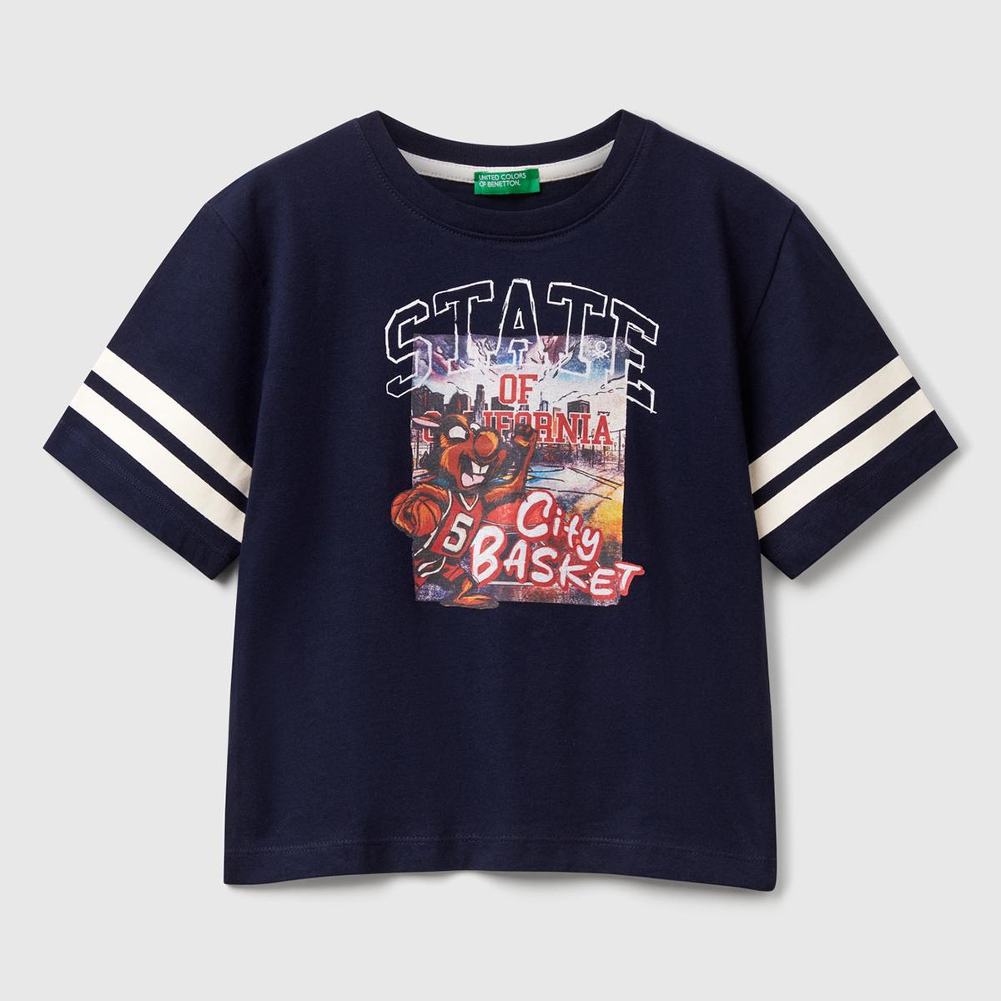 Erkek Çocuk Lacivert Fotoğraf Baskılı Kolu Çizgili Oversize T-Shirt