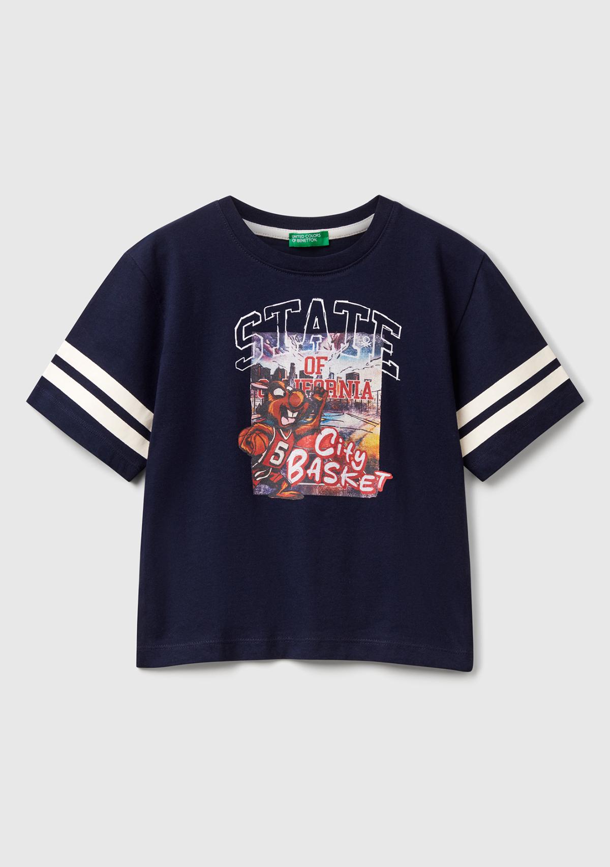  Erkek Çocuk Lacivert Fotoğraf Baskılı Kolu Çizgili Oversize T-Shirt